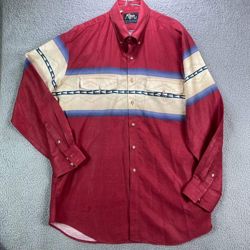 Vintage Roper Border Western Shirt Mens Extra Large Red Beige Blue Made‎ in USA